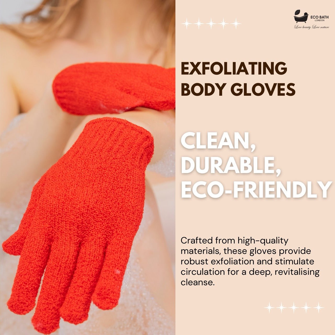 Eco Bath London Exfoliating Body Gloves - Exfoliating Bath Gloves for Shower, Massage, and Body Scrubs, Dead Skin Cell Remover for Smooth, Radiant Skin, One Size - Color: Red